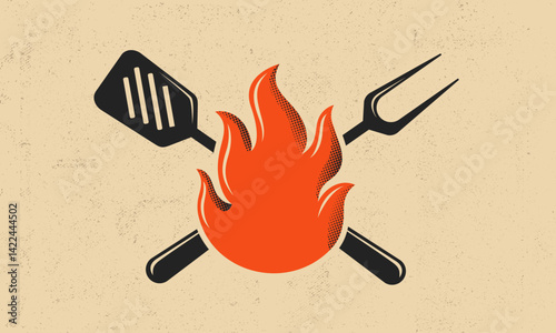 Grill fire emblem with crossed spatula and fork behind flame, perfect for barbecue logos, cookout designs, food truck branding or BBQ event.