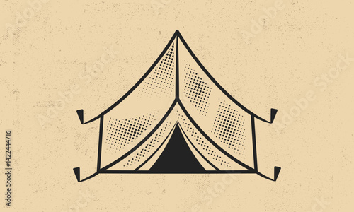Camping tent front view in vintage style. Design element for outdoor exploration branding, survival graphics, hiking badges. Vector illustration