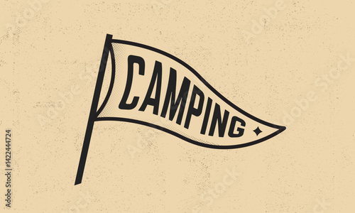Camping flag emblem in vintage vector style with bold typography and textured details. Design elements for outdoor branding, scout logos, posters. Vector illustration
