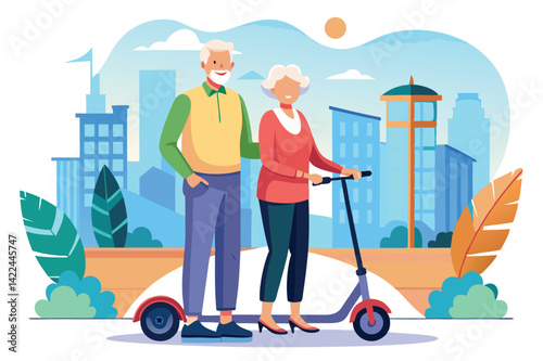 Mature Senior Woman Riding Electric Kick Scooter in City – Eco-Friendly Urban Commute Vector Art

