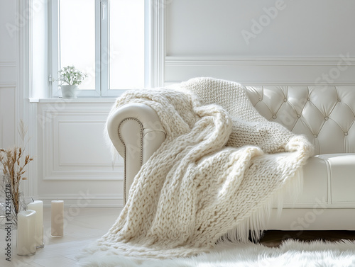 Decorative bedspread : A soft knitted bedspread is casually thrown over the back of a white leather sofa, adding texture and warmth to the room
