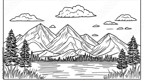 Mountain lake serene landscape, nature drawing, coloring page