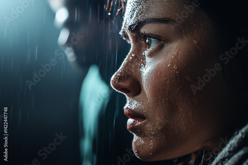 a sad woman's face with a blurred figure of a man behind