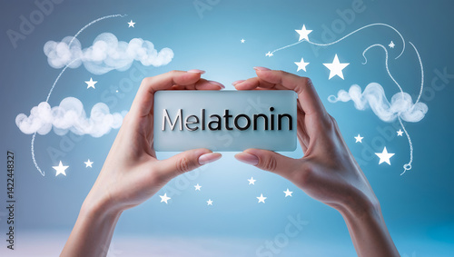 female hands holding a sign with the inscription melatonin, creative design