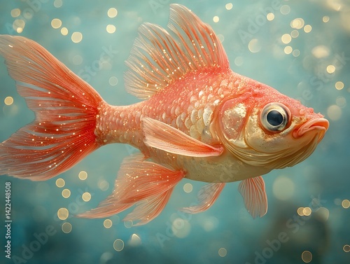 Artistic underwater portrait of a single red glittery fish swimming gracefully in a clear blue environment, with sparkling scales, flowing fins, and soft bokeh effects enhancing its elegant presence photo