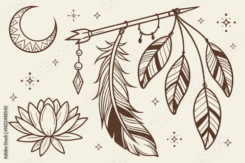 16 Hand-drawn botanical elements, boho style illustrations, feathers, arrows, crescent moon, tree branch, lotus flower, decorative leaves, nature-inspired sketches, brown ink on beige background, rust