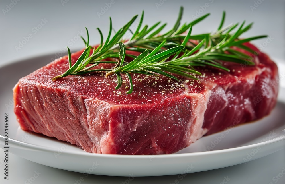 Fototapeta premium Fresh Cut of Beef With Rosemary Garnishing on a White Plate Ready for Cooking
