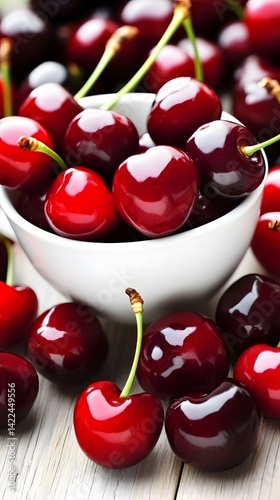 Juicy Red Cherries in White Bowl Summer Fruit
