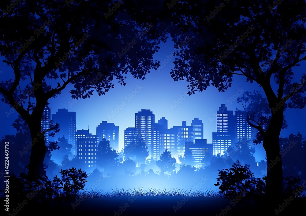 Fototapeta premium Cityscape at Night, Trees, Silhouette