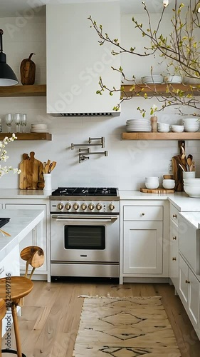 Wallpaper Mural Bright kitchen with white cabinets, wood shelves, and a light-colored rug Torontodigital.ca