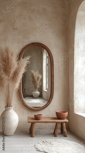 Elegant minimalist interior featuring a wooden mirror, vase with plant and small bench, showcasing simple neutral aesthetics.