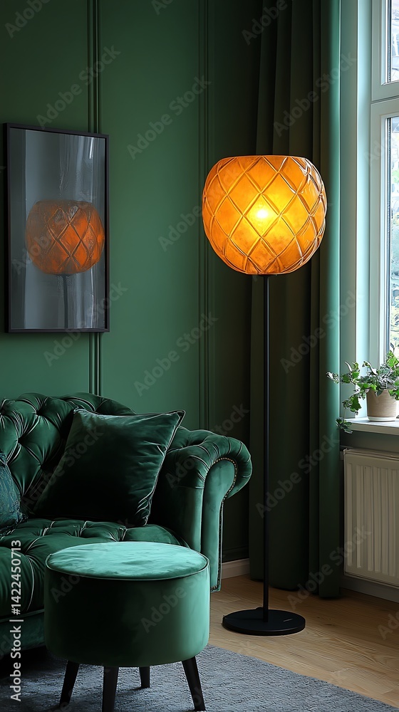 Emerald Green Living Room Interior with Plush Sofa, Statement Lighting, and Natural Elements for Relaxing Comfort.