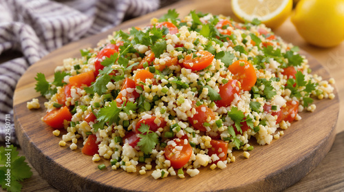 Salad with tomatoes and cilantro on a wooden board