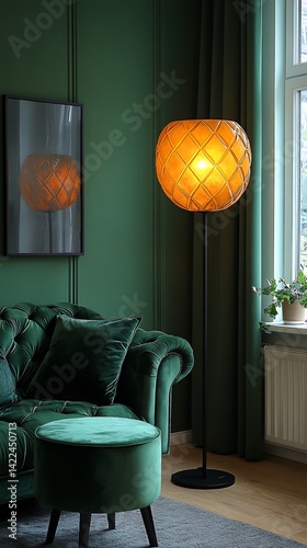 Obraz na płótnie Emerald Green Living Room Interior with Plush Sofa, Statement Lighting, and Natural Elements for Relaxing Comfort. w salonie