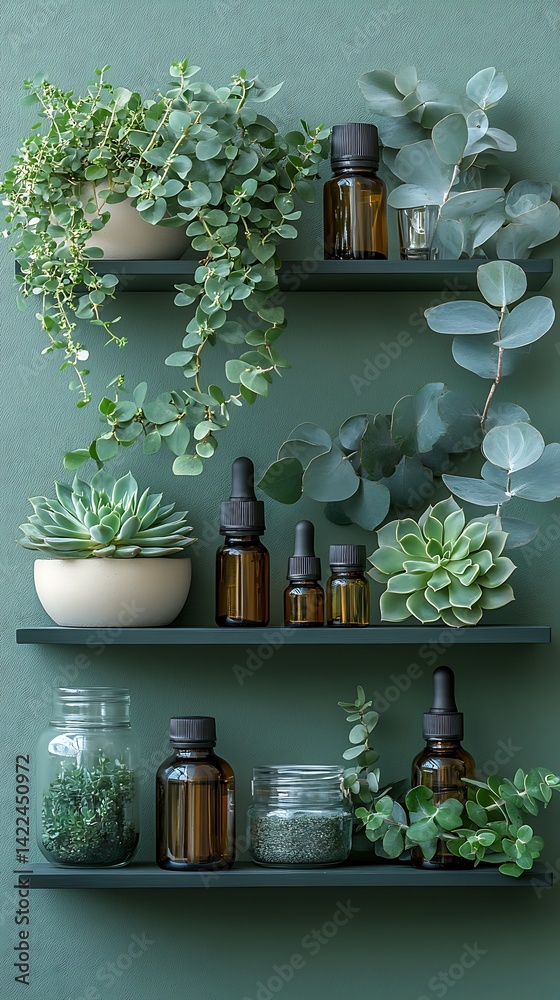 Green Wall Shelves with Plants and Amber Bottles for Nature Inspired Home Decor, Minimalist Still Life.