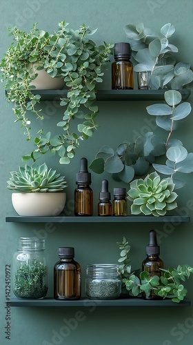 Obraz na płótnie Green Wall Shelves with Plants and Amber Bottles for Nature Inspired Home Decor, Minimalist Still Life. w salonie