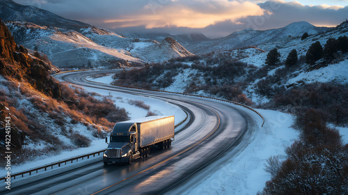 Reefer truck driving down a winding mountain road at dawn using a medium focal length shallow depth of field and cool color temperature to emphasize the curves and morning light