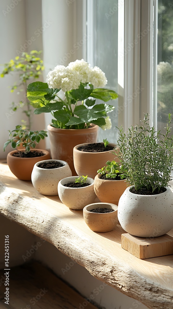Indoor Plants in Terracotta and Ceramic Pots on Wooden Windowsill, Sunlight Streaming Through Window.