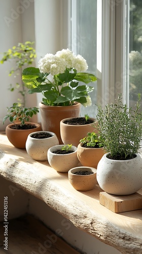 Indoor Plants in Terracotta and Ceramic Pots on Wooden Windowsill, Sunlight Streaming Through Window.