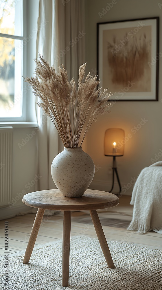 Interior Design Featuring Pampas Grass in Ceramic Vase on Wooden Table Near Window and Lamp.