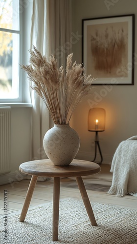 Obraz na płótnie Interior Design Featuring Pampas Grass in Ceramic Vase on Wooden Table Near Window and Lamp. w salonie