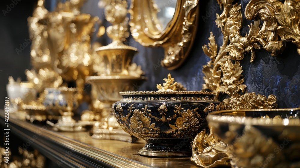 Obraz premium Gold-accented decorative objects arranged on a dark surface.