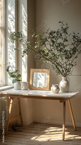 Minimalist Interior Design: Wooden Desk with Plants, Picture Frame, and Morning Light for a Cozy Workspace.