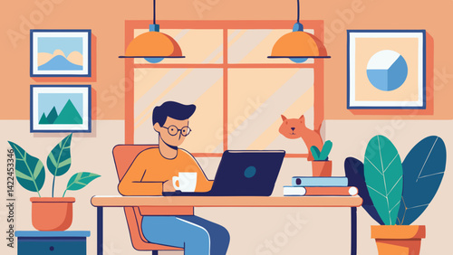 A cozy home office vector illustration showing a person working remotely on a laptop. The scene includes a desk with a coffee cup, plants, a cat lounging nearby, and motivational posters on the wall. 