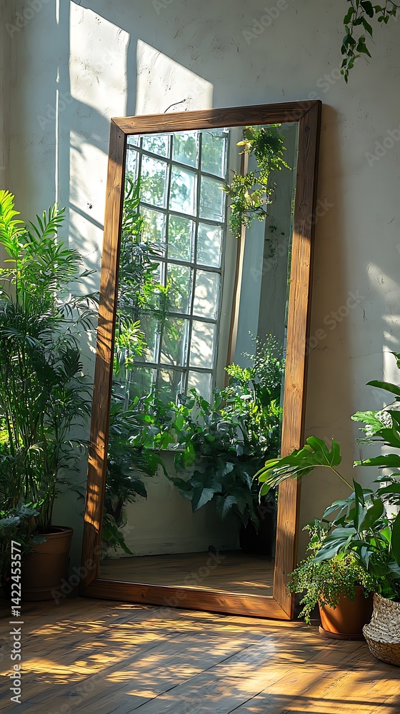 Mirror Reflecting Plants in Bright Room, Natural Light, Wooden Frame, Indoor Garden Aesthetic, Greenery and Reflection.