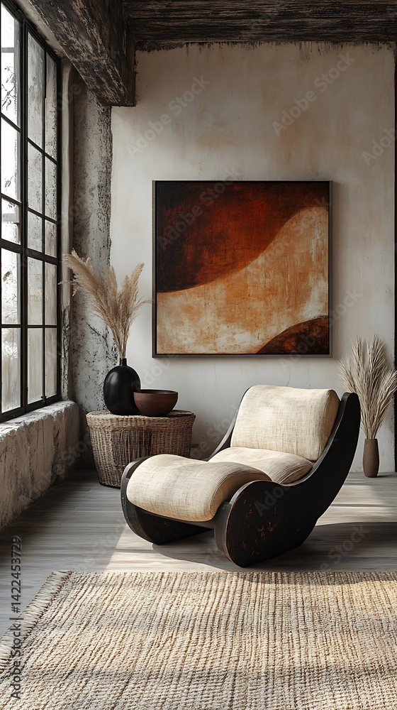 Modern Living Room Featuring Comfortable Chair, Neutral Tones, Artistic Wall Decor, Natural Light, and Relaxing Interior Design Elements.