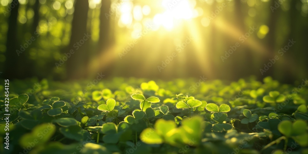 Obraz premium Sunlight filters through forest foliage onto vibrant clover.