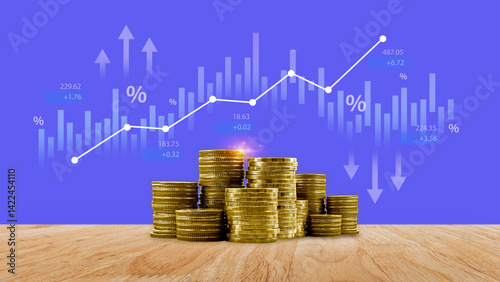 Fund investment concept, Interest rate, percentage and arrow investment on coin instead of return return index fund and mutual fund return long term investment retirement fund photo