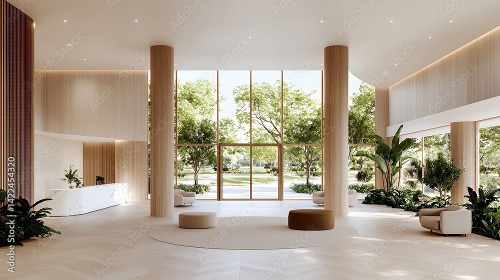 Fototapeta premium Contemporary interior design featuring a view of lush greenery
