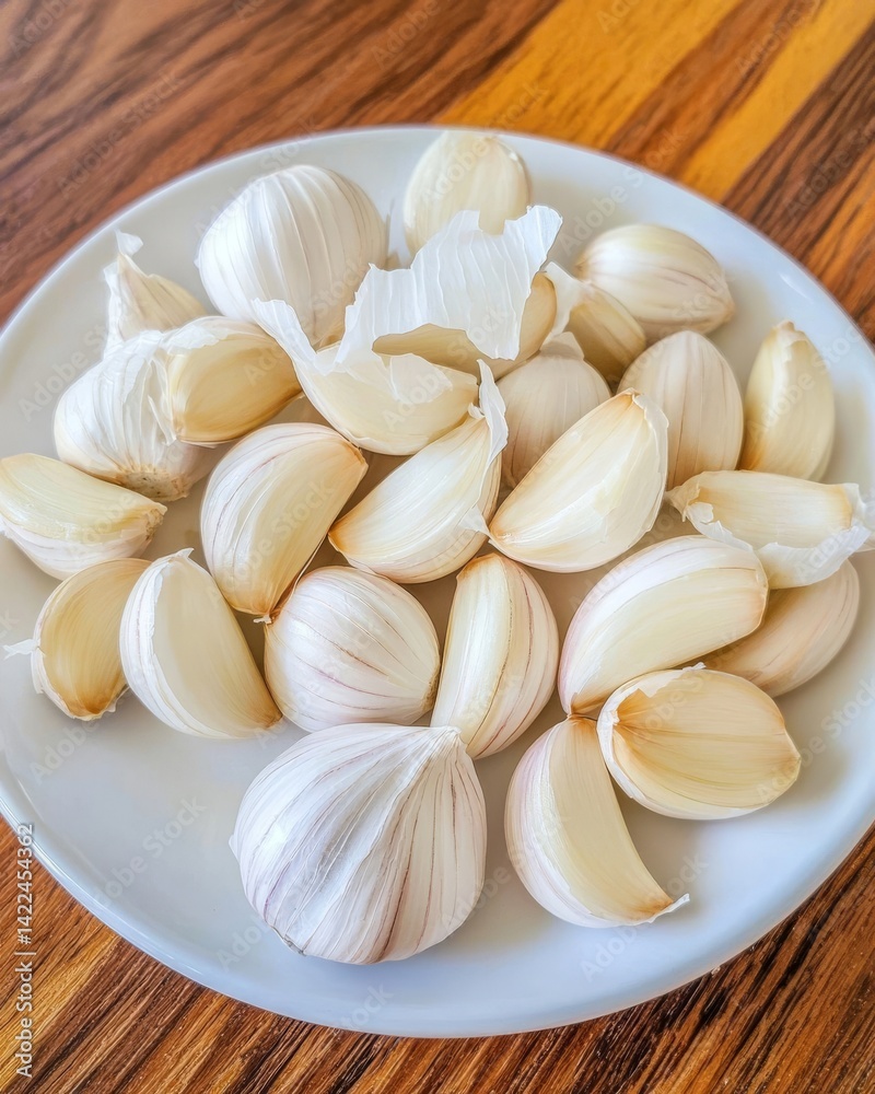 An overhead shot presents a plate of fresh garlic cloves and bulbs on a wooden table, prepared for seasoning culinary dishes and enhancing flavor. An overhead shot presents a plate of fresh garlic cloves and bulbs on a wooden table, prepared for seasoning culinary dishes and enhancing flavor.