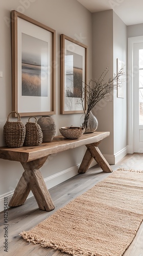 Neutral Hallway Decor: Rustic Wooden Bench with Woven Baskets, Modern Framed Prints, and Natural Fiber Rug Styling.