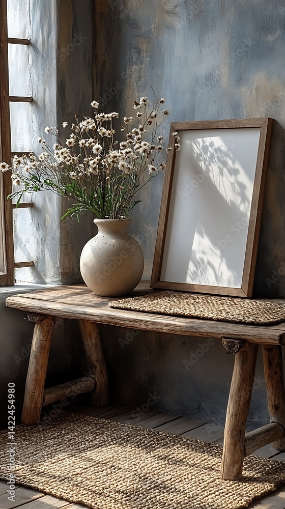 Neutral Tones Still Life: Minimalist Art Frame Mockup with Flowers and Rustic Wooden Bench, Natural Light.