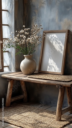 Obraz na płótnie Neutral Tones Still Life: Minimalist Art Frame Mockup with Flowers and Rustic Wooden Bench, Natural Light. w salonie
