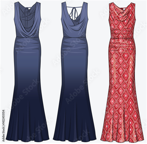 FIT AND FLARE LONG MAXI DRESS WITH COWL NECKLINE IN FRONT AND BACK WITH TIE UP DETAIL DESIGNED FOR YOUNG WOMEN AND WOMEN IN VECTOR FILE
