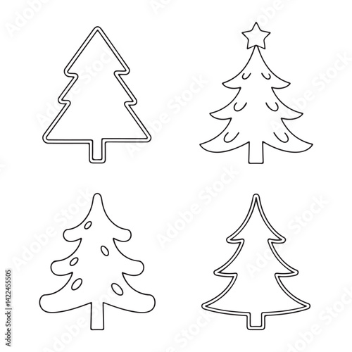Four Christmas tree cookie cutters in black and white outline.