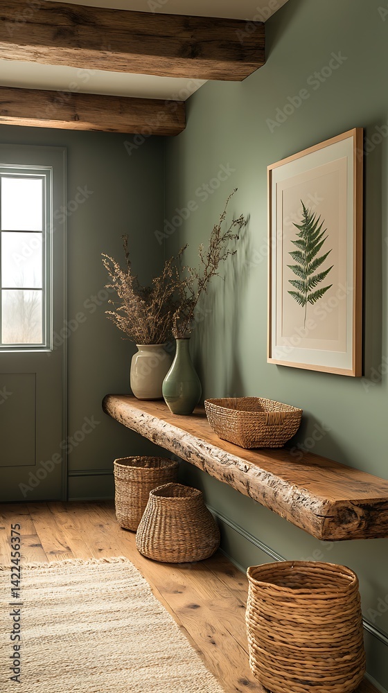 Rustic Entryway with Olive Green Walls, Wooden Beam Ceiling, and Natural Home Decor Elements Creating a Cozy Ambiance