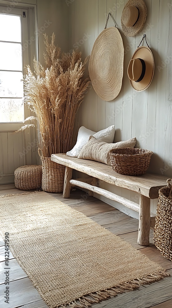 Rustic Interior Styling with Wicker Baskets, Straw Hats, Wooden Bench, Natural Rug, and Pampas Grass Near Window for Home Decor Inspiration.