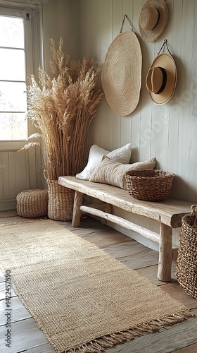 Obraz na płótnie Rustic Interior Styling with Wicker Baskets, Straw Hats, Wooden Bench, Natural Rug, and Pampas Grass Near Window for Home Decor Inspiration. w salonie