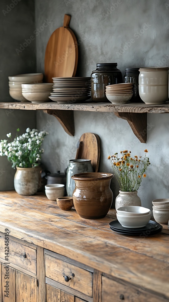 Rustic kitchen setting featuring earthenware, wooden surfaces, and floral arrangements on wooden shelves and cabinet.