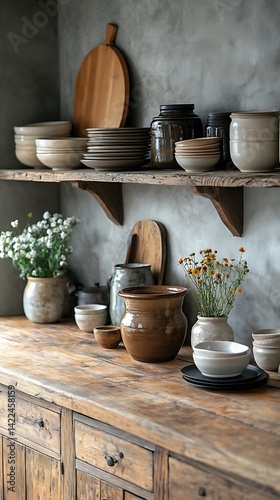 Obraz na płótnie Rustic kitchen setting featuring earthenware, wooden surfaces, and floral arrangements on wooden shelves and cabinet. w salonie