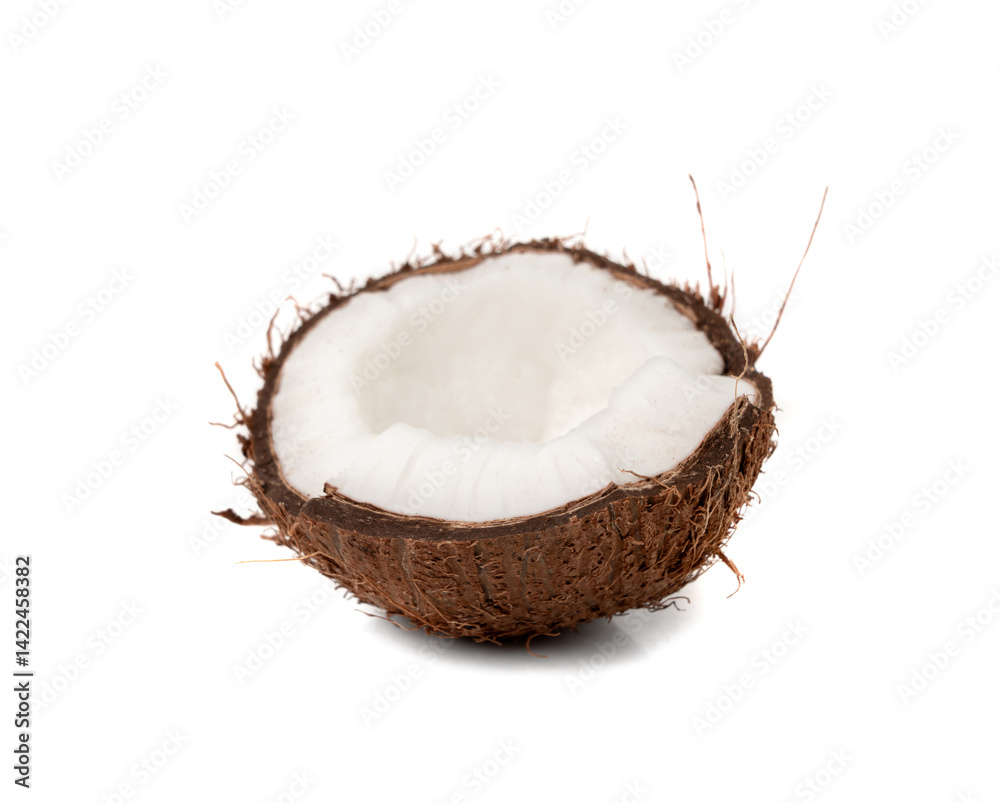 Coconut pieces, broken coco nut isolated, fresh tropical palm fruit slices, open cracked coconut