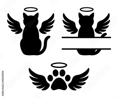 Cat Memorial Vector Bundle: Cat Silhouette, Name Frame, and Angel Paw Print