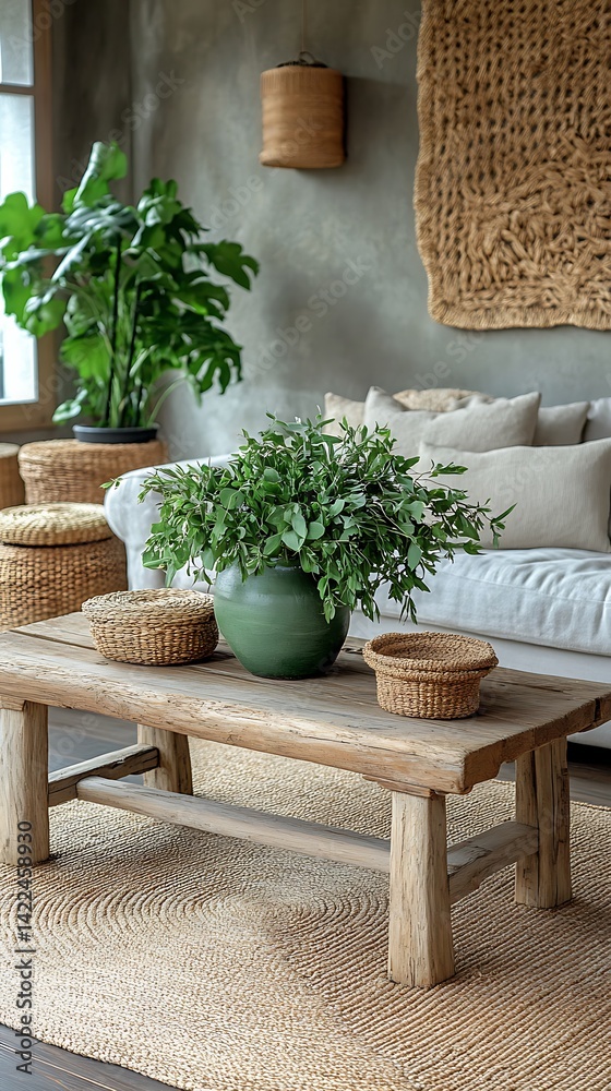 Rustic Living Room Interior Featuring Wooden Table, Green Plants, Jute Rug, Neutral Sofa and Natural Textures.