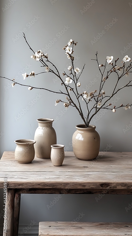 Rustic pottery vases with flowering branches on a reclaimed wooden table create a tranquil, minimalist nature-inspired still life.