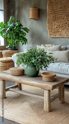 Obraz na płótnie Rustic Living Room Interior Featuring Wooden Table, Green Plants, Jute Rug, Neutral Sofa and Natural Textures. w salonie