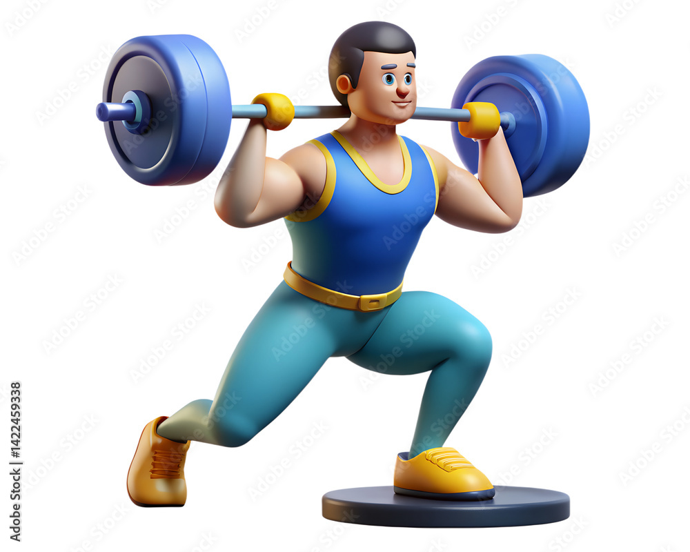 Obraz premium Cartoon man exercising with barbell in squat position 3d rendering high quality 3D Isolated on white background.3d icon
